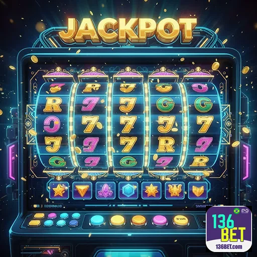 Imagem de uma máquina de caça-níqueis na 136bet com destaque para slots e jogos de cassino